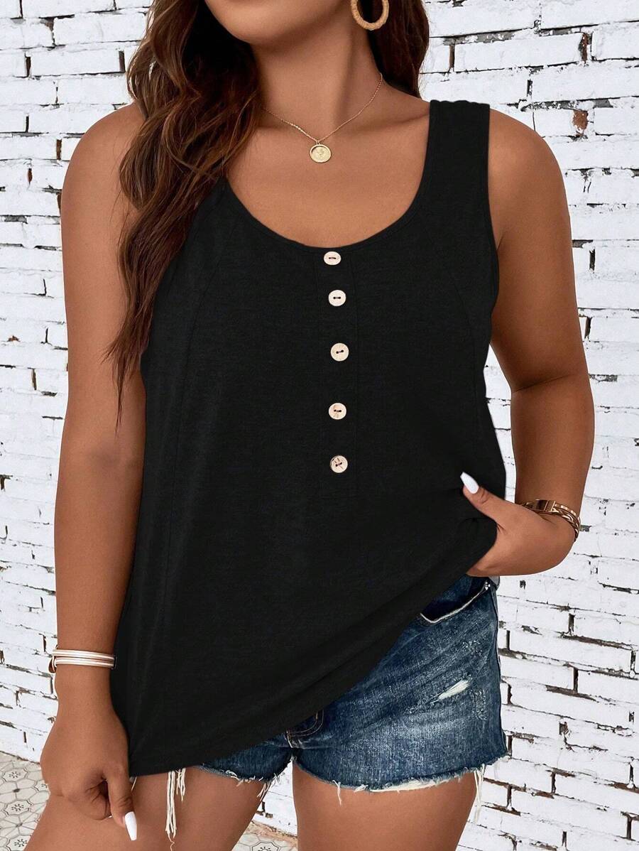 SHEIN LUNE Plus Button Front Tank Top - Black - View 1