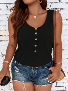 SHEIN LUNE Plus Button Front Tank Top - Black - View 5
