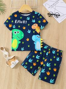 Young Boy Cartoon & Letter Graphic PJ Set - Royal Blue - View 1