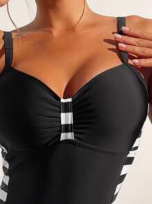 Bañador una pieza con estampado de rayas fruncido bustier - Blanco y Negro - Ver 3