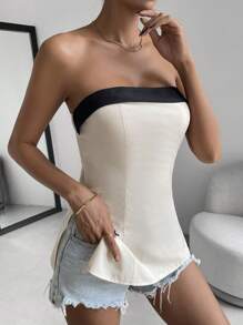 Chiquease Contrast Trim Split Hem Tube Top - Apricot - View 1