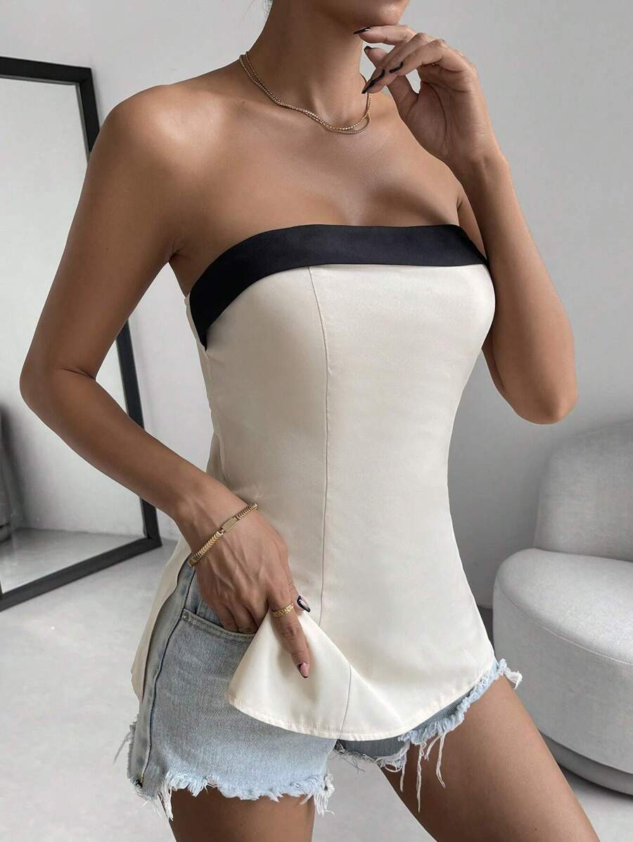 Chiquease Contrast Trim Split Hem Tube Top - Apricot - View 1