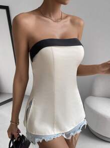 Chiquease Contrast Trim Split Hem Tube Top - Apricot - View 3