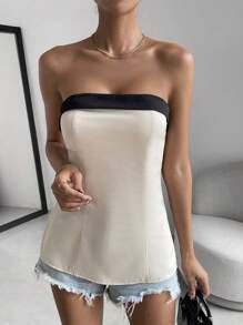 Chiquease Contrast Trim Split Hem Tube Top - Apricot - View 6