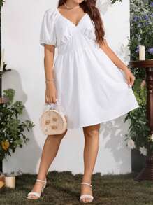 SHEIN LUNE Đầm Plus Size Nếp gấp Phần Ngực màu trơn Giải trí - trắng - Xem 1