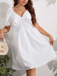 SHEIN LUNE Đầm Plus Size Nếp gấp Phần Ngực màu trơn Giải trí - trắng - Xem 3