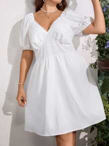 SHEIN LUNE Đầm Plus Size Nếp gấp Phần Ngực màu trơn Giải trí - trắng - Xem 4