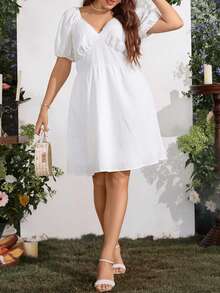 SHEIN LUNE Đầm Plus Size Nếp gấp Phần Ngực màu trơn Giải trí - trắng - Xem 5