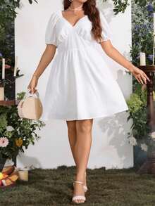SHEIN LUNE Đầm Plus Size Nếp gấp Phần Ngực màu trơn Giải trí - trắng - Xem 6
