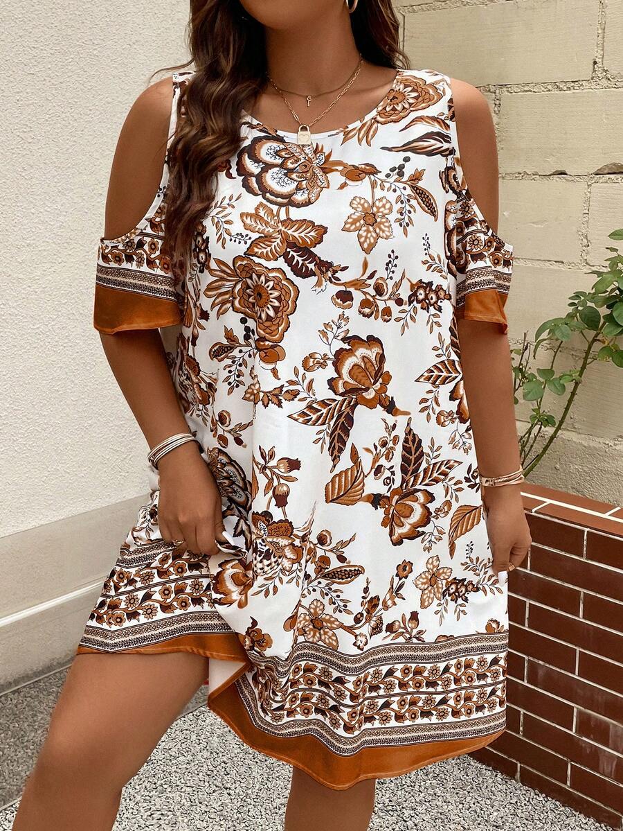 SHEIN LUNE 大碼印花挖肩連衣裙 - 白色 - 查看 1