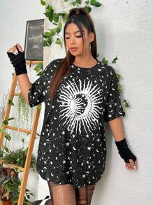 SHEIN Coolane 大碼日月圖案落肩T恤 - 黑與白 - 查看 5