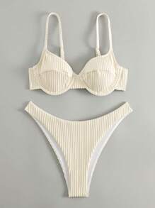 SHEIN Swim Summer Beach Striped Underwire Bikini Set - Beige - View 1