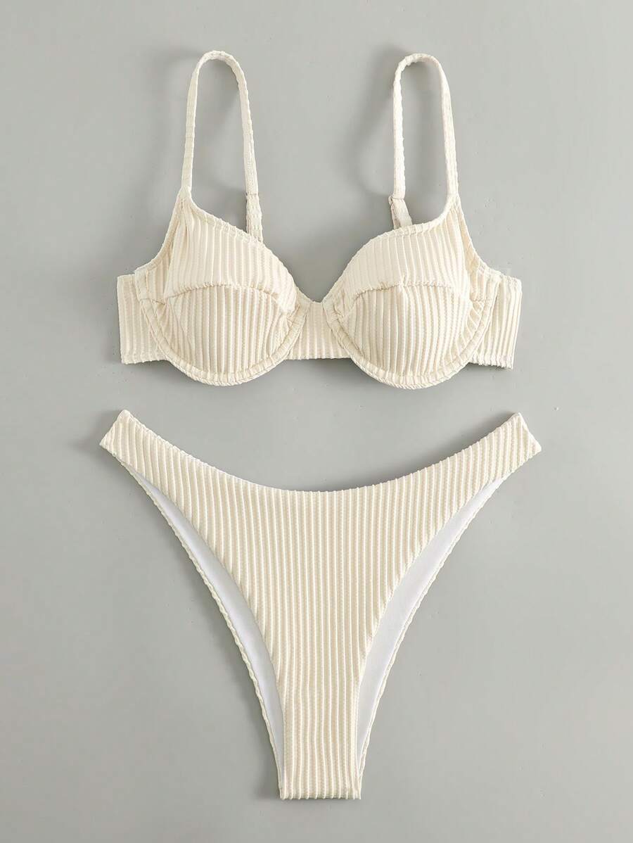 SHEIN Swim Summer Beach Striped Underwire Bikini Set - Beige - View 1