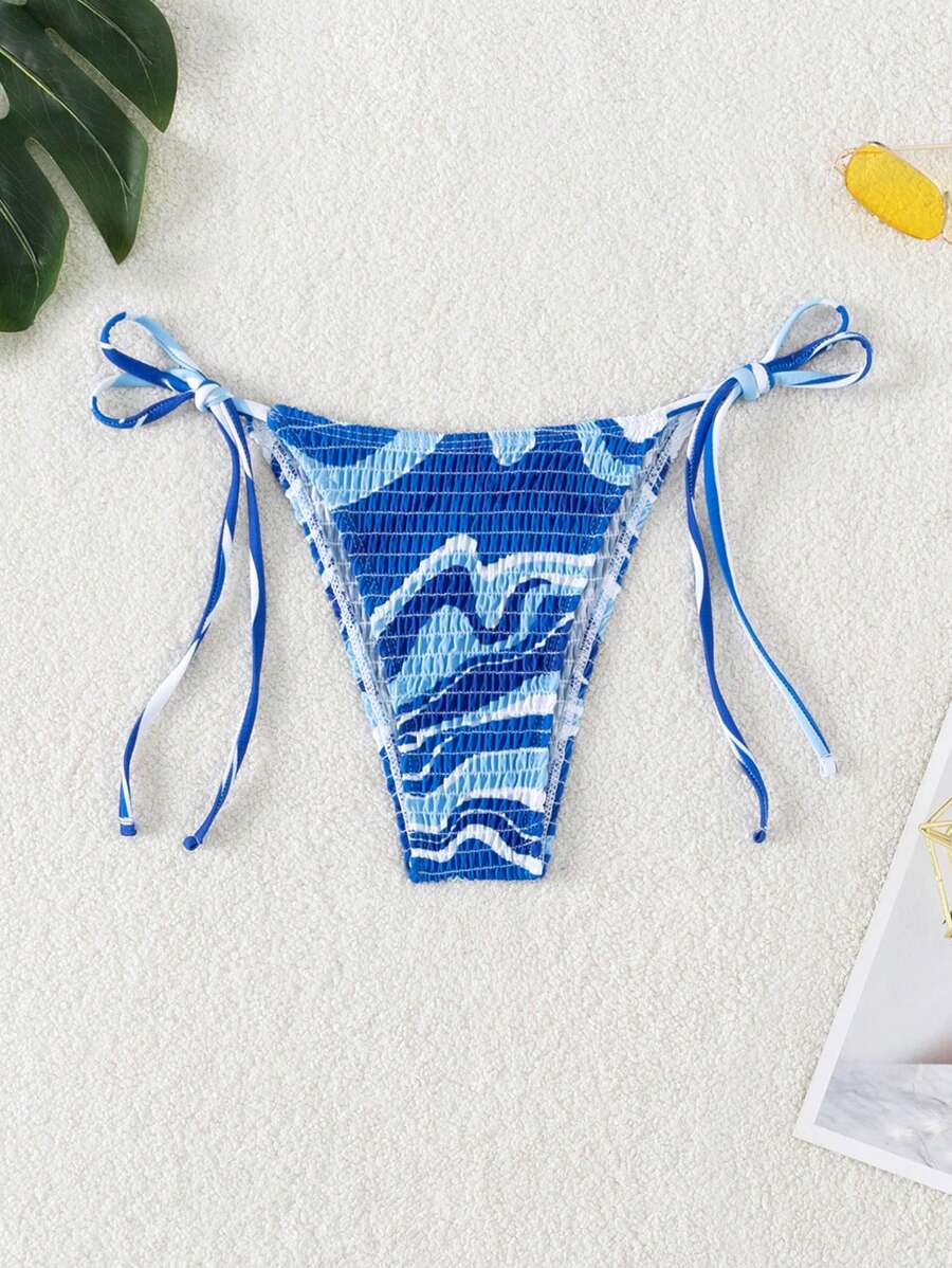 滿版印花打褶側繫帶泳衣下裝 - 藍白色 - 查看 1