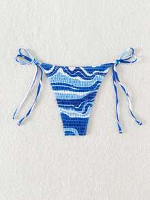 滿版印花打褶側繫帶泳衣下裝 - 藍白色 - 查看 2