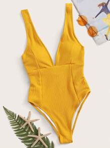 SHEIN Swim Sọc Cổ Lao Đồ bơi một mảnh - Màu vàng - Xem 1