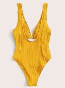 SHEIN Swim Sọc Cổ Lao Đồ bơi một mảnh - Màu vàng - Xem 2