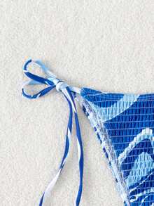 滿版印花打褶側繫帶泳衣下裝 - 藍白色 - 查看 4