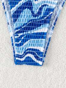 滿版印花打褶側繫帶泳衣下裝 - 藍白色 - 查看 5