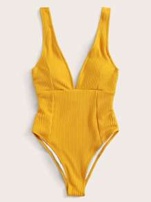 SHEIN Swim Sọc Cổ Lao Đồ bơi một mảnh - Màu vàng - Xem 3