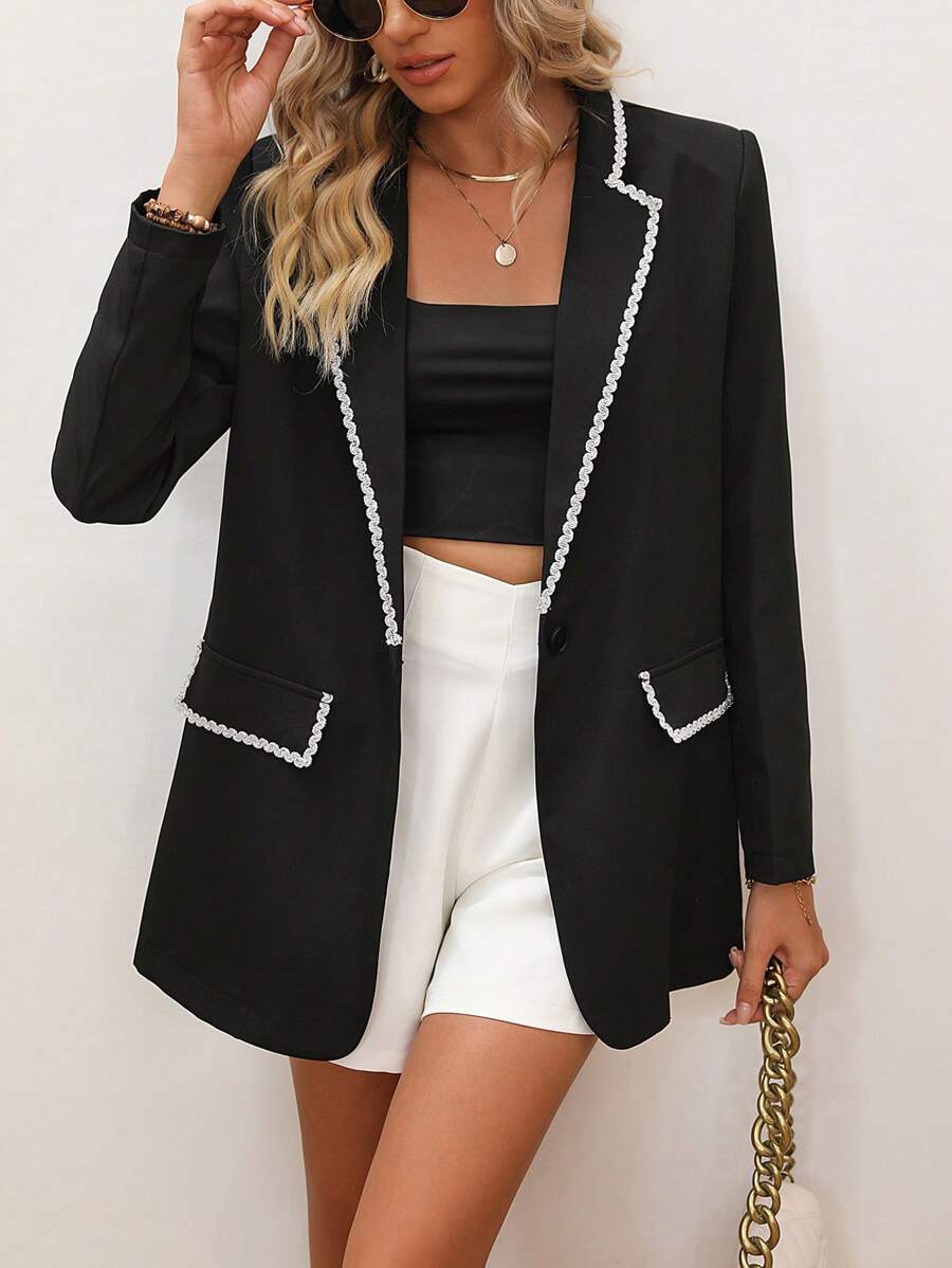 Chiquease 撞色滾邊單釦西裝外套 - 黑色 - 查看 1