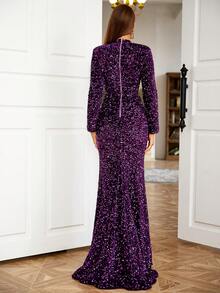 LOVE&LEMONADE Mock Neck Twist Front Sequin Mermaid Hem Formal Dress - Purple - View 2