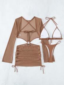 Swim SXY Summer Beach Ring Linked Cut Out Halter Triangle Bikini Set With Cover Up - Brown - View 4