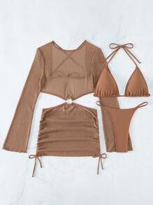 Swim SXY Summer Beach Ring Linked Cut Out Halter Triangle Bikini Set With Cover Up - Brown - View 5