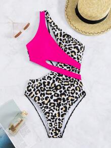 Swim Vcay Summer Beach Leopard Cut-Out One Shoulder One Piece Swimsuit - Multicolor - View 7