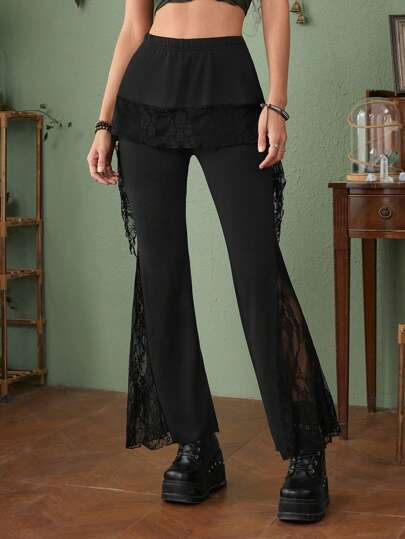 Fairycore Contrast Lace Flare Leg Pants