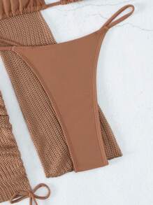 Swim SXY Summer Beach Ring Linked Cut Out Halter Triangle Bikini Set With Cover Up - Brown - View 7