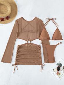 Swim SXY Summer Beach Ring Linked Cut Out Halter Triangle Bikini Set With Cover Up - Brown - View 8
