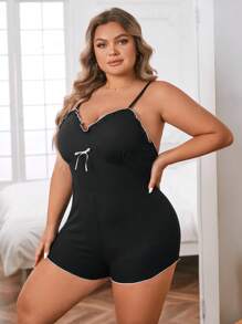 大碼褶邊前蝴蝶結吊帶睡眠連身衣 - 黑色 - 查看 5