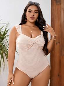 SHEIN Swim Curve Plus Striped Ruffle Trim Twist Front Ruched Bust One Piece Swimsuit - Beige - View 3
