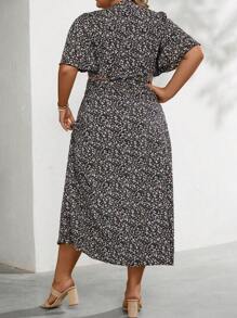 SHEIN Holidaya 大碼碎花蝴蝶袖短款上衣&高衩半身裙 - 黑色 - 查看 2