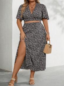 SHEIN Holidaya 大碼碎花蝴蝶袖短款上衣&高衩半身裙 - 黑色 - 查看 4