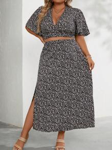 SHEIN Holidaya 大碼碎花蝴蝶袖短款上衣&高衩半身裙 - 黑色 - 查看 5