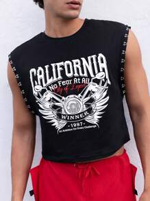 FeverCity 男士棉質字母圖形無袖出門性感背心，男友禮物 - 黑色 - 查看 1