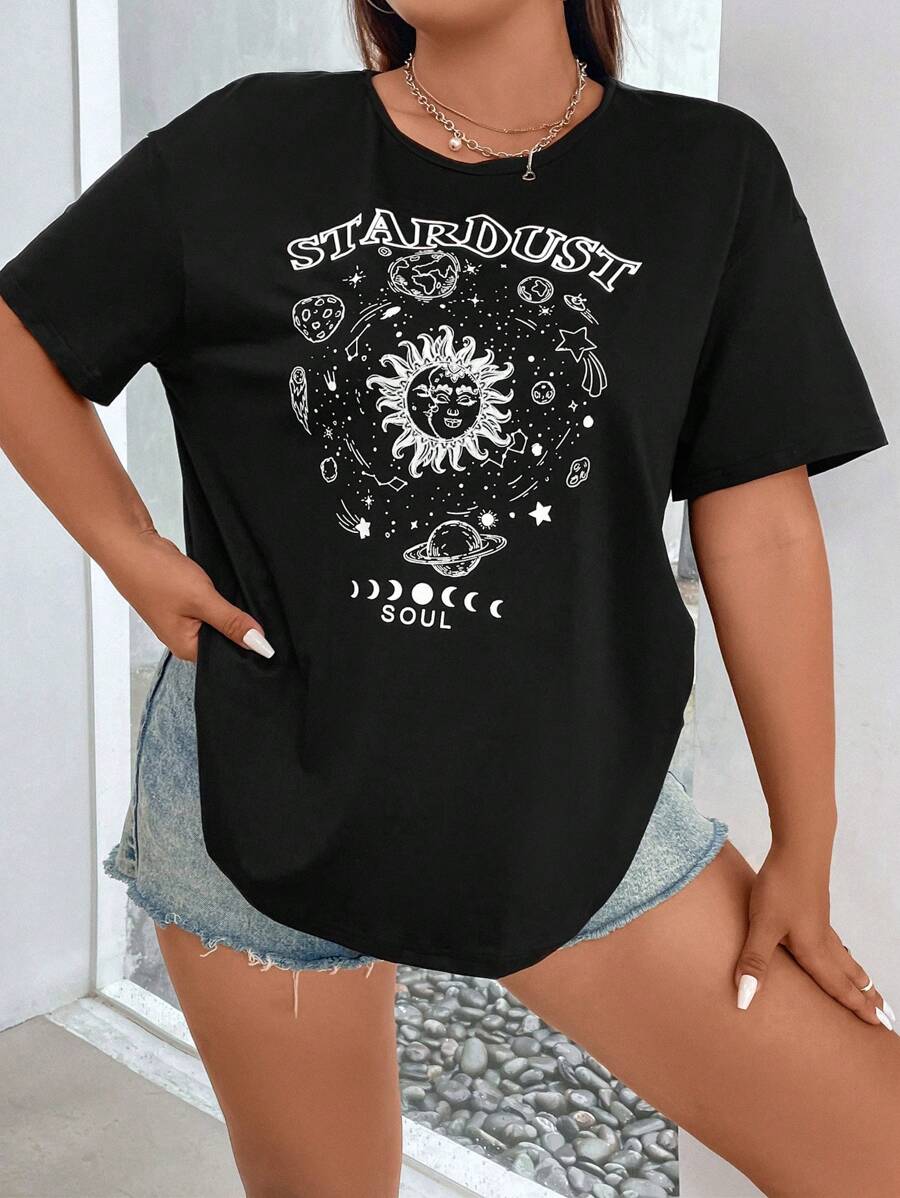 Flirla Plus Sun & Moon Print Drop Shoulder Tee - Black - View 1