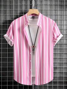 Manfinity Homme 男士條紋印花襯衫 - 粉色 - 查看 1