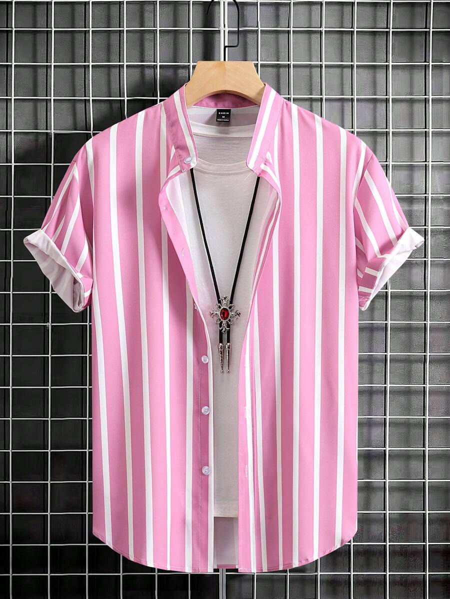 Manfinity Homme 男士條紋印花襯衫 - 粉色 - 查看 1