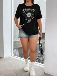 Flirla Plus Sun & Moon Print Drop Shoulder Tee - Black - View 4