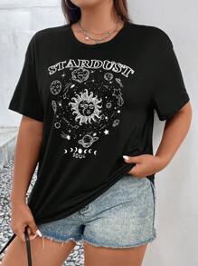 Flirla Plus Sun & Moon Print Drop Shoulder Tee - Black - View 6