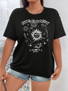 Flirla Plus Sun & Moon Print Drop Shoulder Tee - Black - View 7
