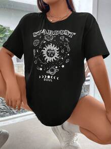 Flirla Plus Sun & Moon Print Drop Shoulder Tee - Black - View 8