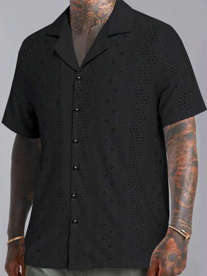 Guys Eyelet Embroidery Lapel Collar Shirt