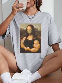 SHEIN EZwear Mona Lisa In Áo thun Thả vai - Xám - Xem 1