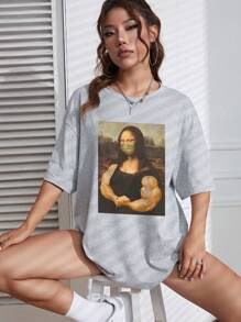 SHEIN EZwear Mona Lisa In Áo thun Thả vai - Xám - Xem 3