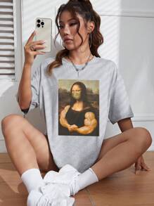 SHEIN EZwear Mona Lisa In Áo thun Thả vai - Xám - Xem 6