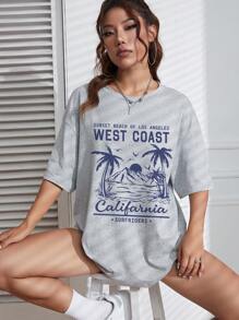 INAWLY 热带和字母图案落肩 T 恤 图案 T 恤 女式上衣 - 灰色 - 查看 3